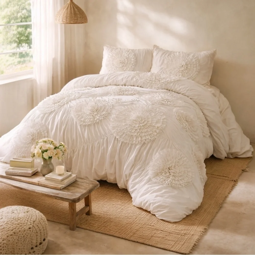 NEW Anthro Ivory Beige 3D Floral Queen / King Boho Comforter Bedding & Sham Set